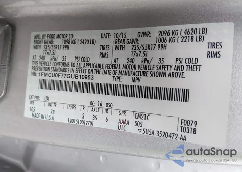 2016 Ford Escape S z USA, uszkodzony, nr VIN 1FMCU0F77GUB10953